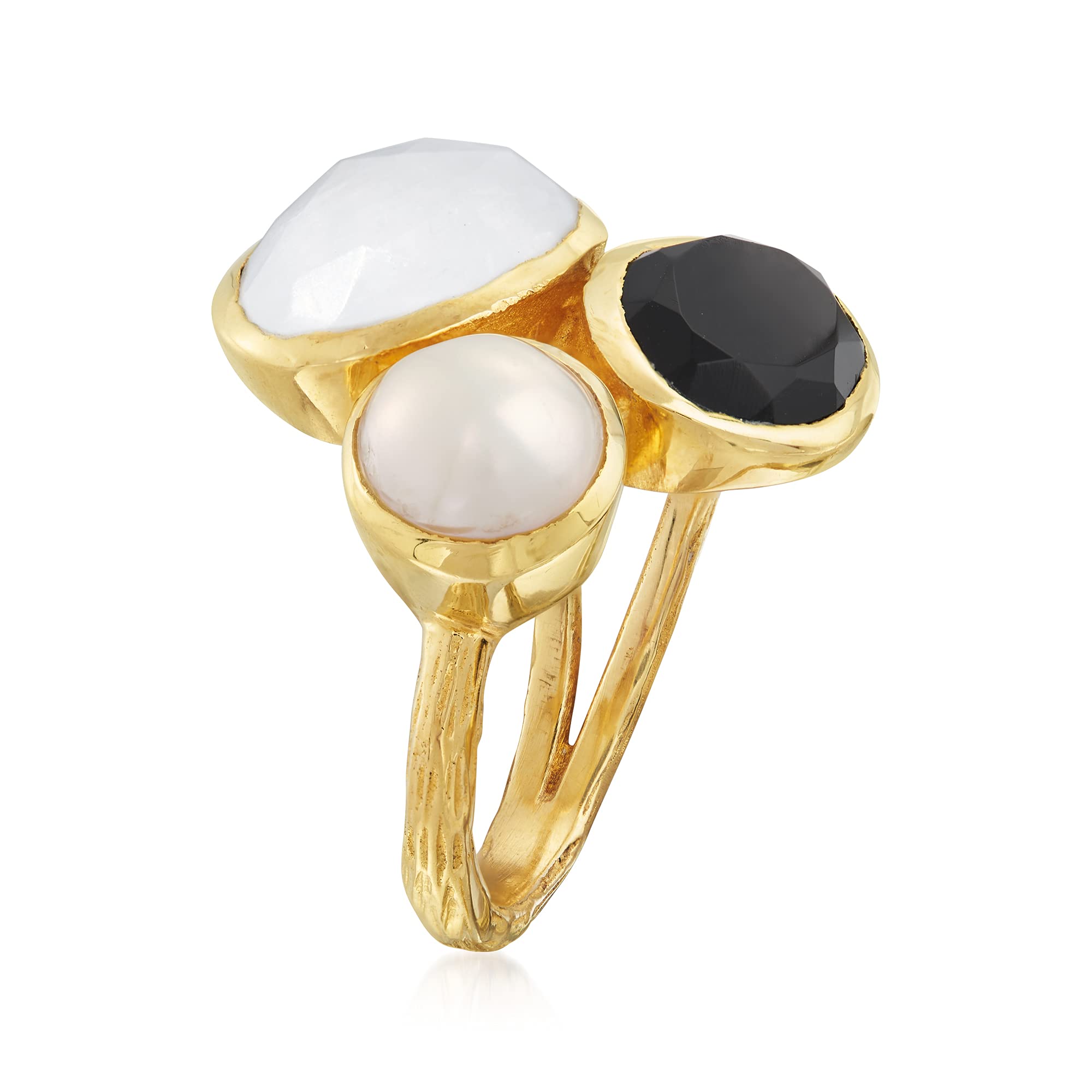 Ross-Simons 8mm Cultured Pearl, Black Onyx and Moonstone Ring in 18kt Gold Over Sterling. Size 6