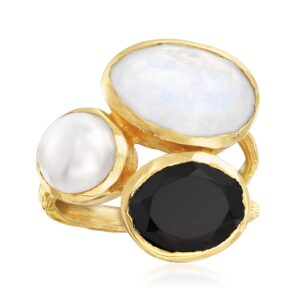 ross-simons 8mm cultured pearl, black onyx and moonstone ring in 18kt gold over sterling. size 7