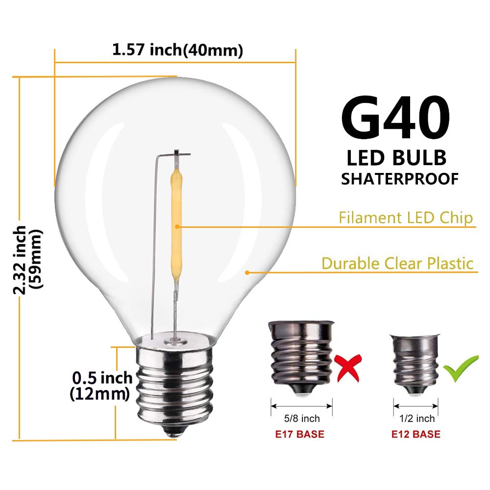 KGC Plastic C7/G40 Replacement LED Light Bulbs - 0.6W Equivalent to 7W Incandescent Bulbs 2700K, E12 Screw Base Shatterproof & Waterproof LED Globe Light Bulbs for Outdoor String Lights (25 Pack)