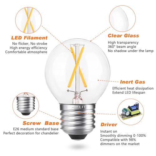 AIELIT Dimmable 2 Watt Globe LED Light Bulbs (25W Equivalent), Warm White 2700K, A15/A50 LED Bulb, E26 Medium Base, Antique Filament Edison Decorative Bulb for Chandelier, Ceiling Fan, 4 Pcs