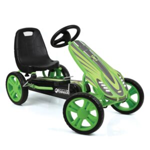 hauck speedster pedal go-kart for kids ages 4-8 with adjustable bucket seat, large front plate, handbrake, and eva plastic wheels, green