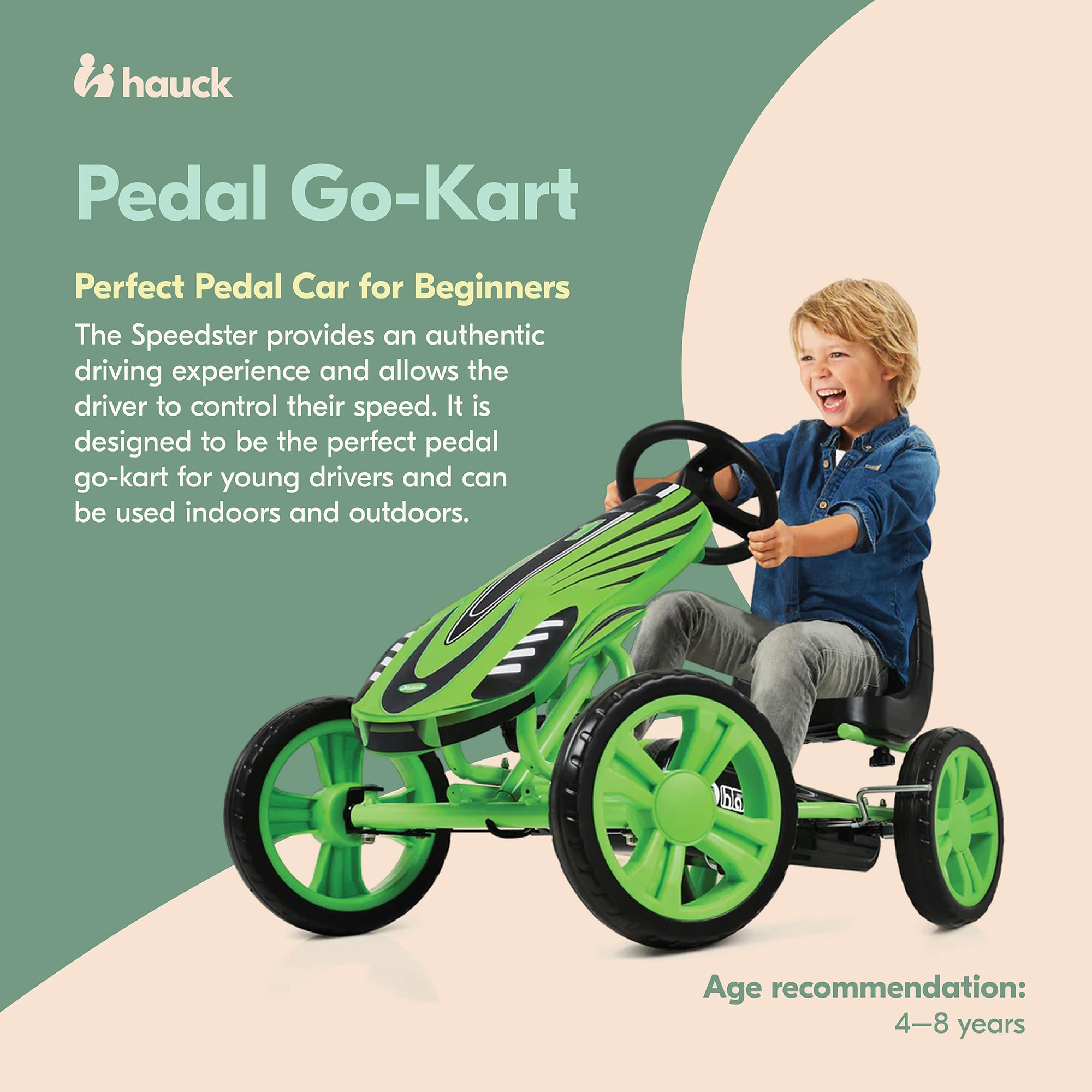 Hauck Speedster Pedal Go-Kart for Kids Ages 4-8 with Adjustable Bucket Seat, Large Front Plate, Handbrake, and EVA Plastic Wheels, Green