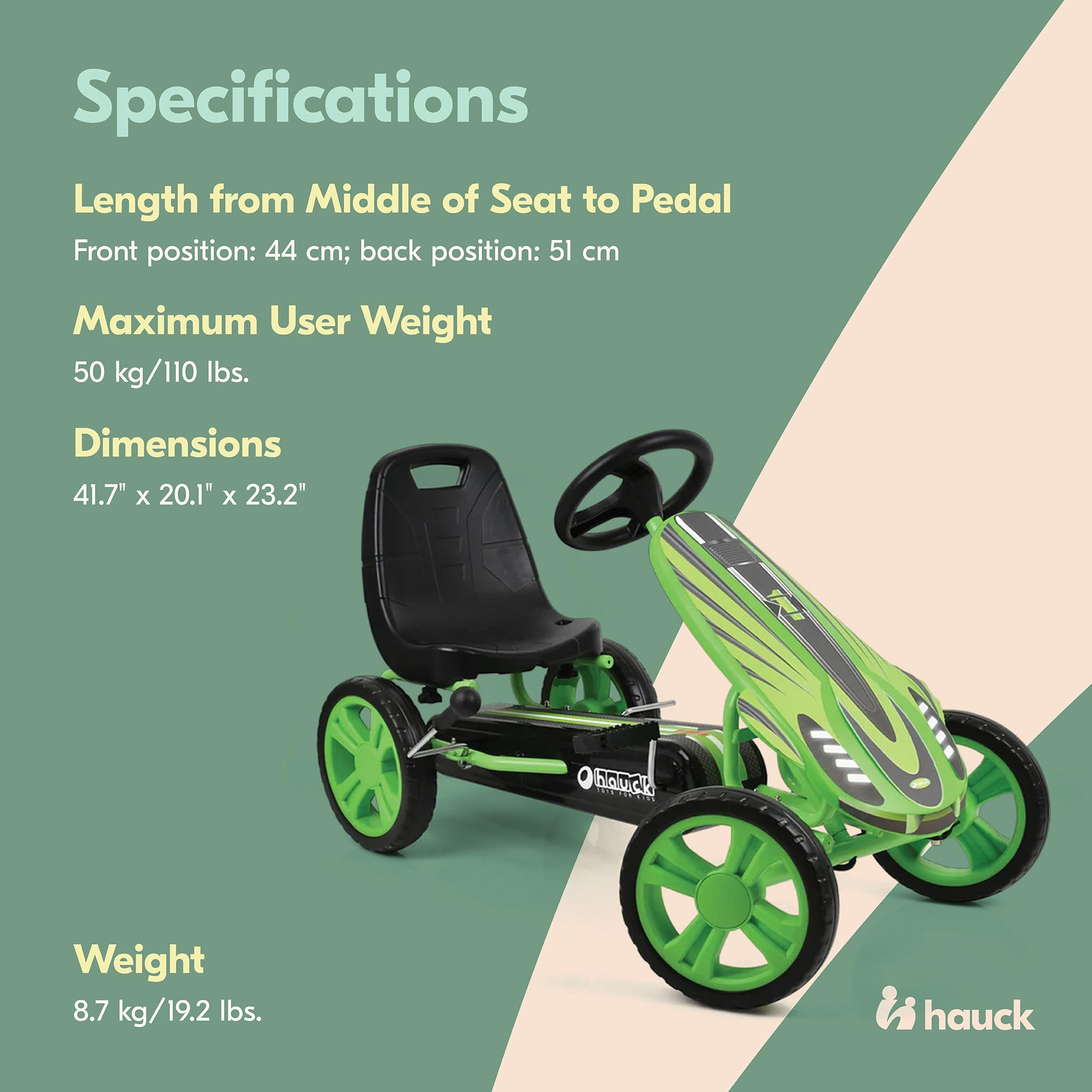 Hauck Speedster Pedal Go-Kart for Kids Ages 4-8 with Adjustable Bucket Seat, Large Front Plate, Handbrake, and EVA Plastic Wheels, Green