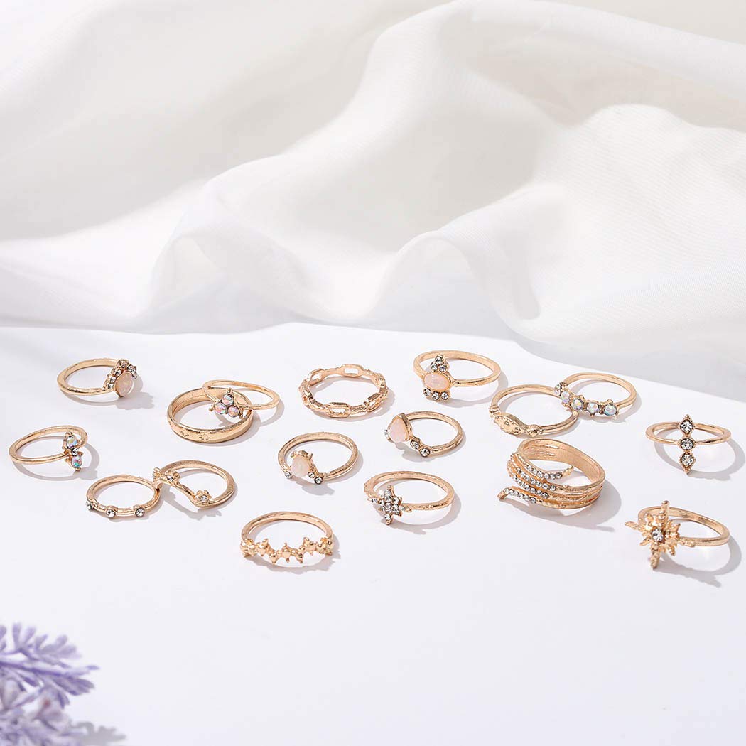 TWINKLEDE Boho Stackable Rings 17Pcs Rhinestone Finger Rings Gold Crystal Joint Knuckle Rings for Women