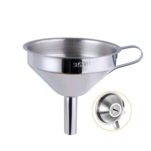 stainless steel wide mouth funnels with detachable strainer, 5-inch funnel for filling small bottles and jars, cooking oil and transmission liquid and powder, food grade metal kitchen funnels silver