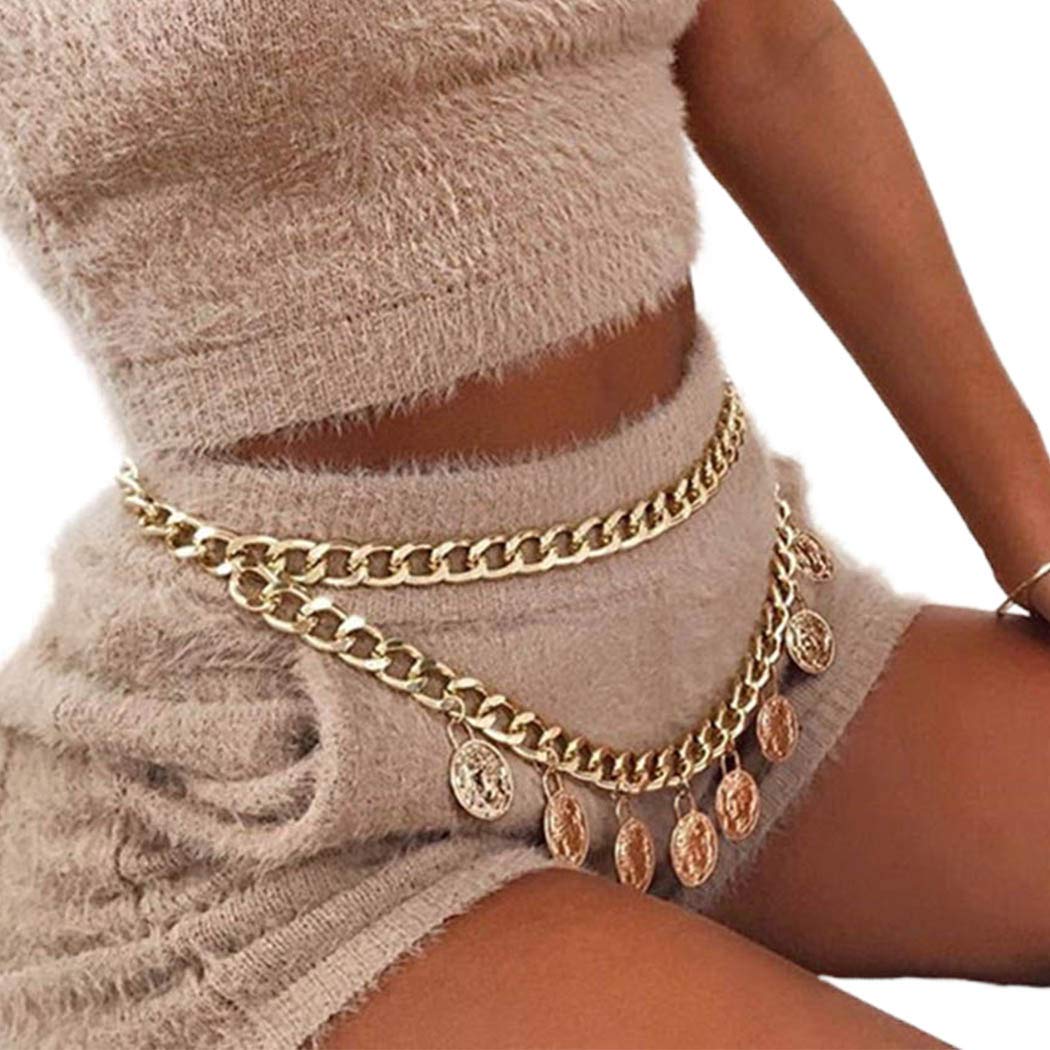 Reetan Metal Chunky Layered Body Chain Gold Coin Waist Chains Rave Party Body Jewelry Accessories for Women and Girls