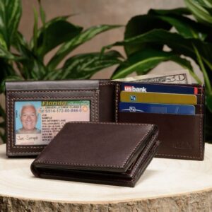 Premium Full Grain Bridle Leather Men’s Bifold Wallet With Flip Up ID Window – Brown - Made in USA