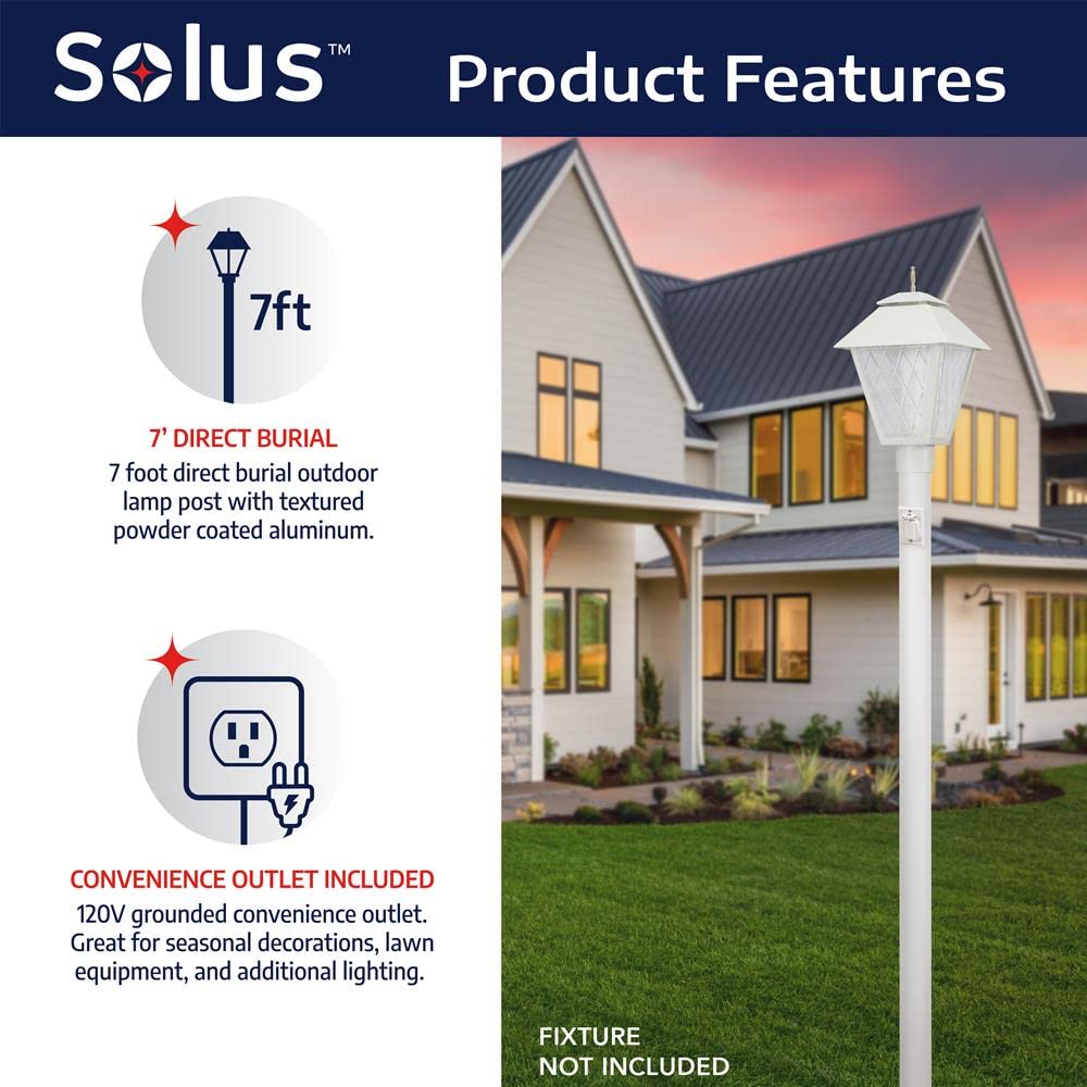 Solus SP7-CNCA-WH 7' Outdoor Direct Burial Lamp Post with Convenience Outlet, Fits 3" Post Top Fixtures, Includes Inlet Hole, Easy to Install, Corrosion & Weather Resistant, White