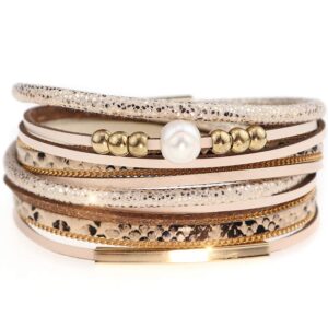 Suyi Leather Bracelet for Women Leopard Multilayer Wrap Bracelet Boho Birthday Gift Leopard Khaki