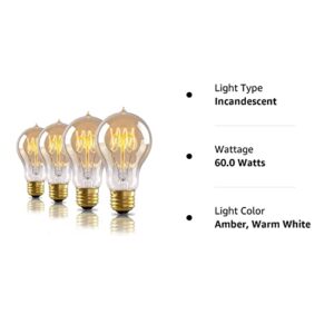 4-Pack Edison Light Bulb, 60 Watts, A19 Vintage Incandescent Light Bulbs, Dimmable Old Fashioned E26 Incandescent Light Bulbs, 240 Lumens, 2100K Warm White, Amber Glass