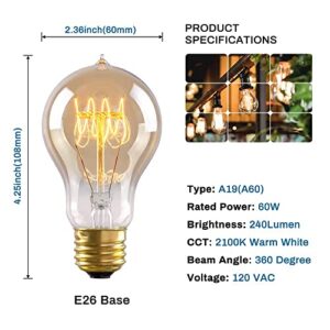 4-Pack Edison Light Bulb, 60 Watts, A19 Vintage Incandescent Light Bulbs, Dimmable Old Fashioned E26 Incandescent Light Bulbs, 240 Lumens, 2100K Warm White, Amber Glass