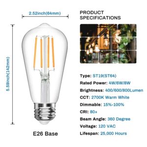 Vintage LED Edison Bulb, ST19 4W Dimmable LED Filament Bulb, 400 Lumens, Warm White 2700K, LED Light Bulb, Clear Glass, E26 Base, 4 Pack