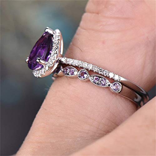 AZQ 925 Sterling Silver Shining Amethyst Ring Tear Drop shape 3Ct Cubic Zirconia Promise Rings Set CZ Teardrop Halo Ring Eternity Engagement Wedding Band Ring Sets for women (US Code 6)