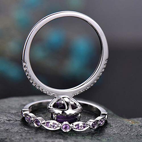 AZQ 925 Sterling Silver Shining Amethyst Ring Tear Drop shape 3Ct Cubic Zirconia Promise Rings Set CZ Teardrop Halo Ring Eternity Engagement Wedding Band Ring Sets for women (US Code 6)