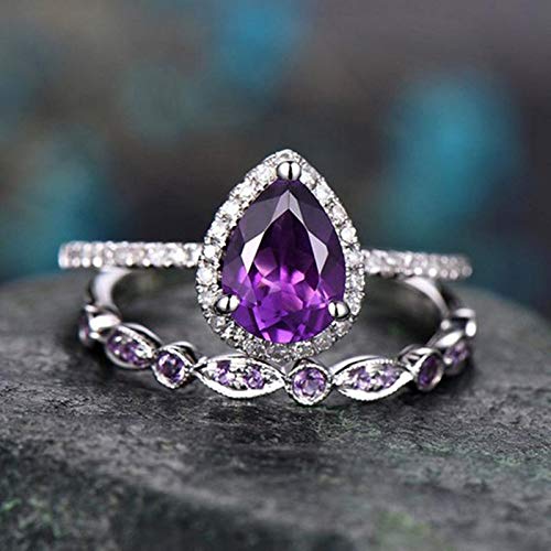 AZQ 925 Sterling Silver Shining Amethyst Ring Tear Drop shape 3Ct Cubic Zirconia Promise Rings Set CZ Teardrop Halo Ring Eternity Engagement Wedding Band Ring Sets for women (US Code 6)