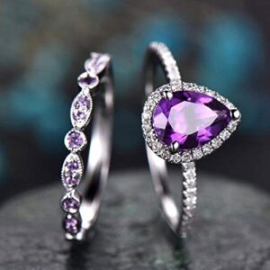 AZQ 925 Sterling Silver Shining Amethyst Ring Tear Drop shape 3Ct Cubic Zirconia Promise Rings Set CZ Teardrop Halo Ring Eternity Engagement Wedding Band Ring Sets for women (US Code 6)