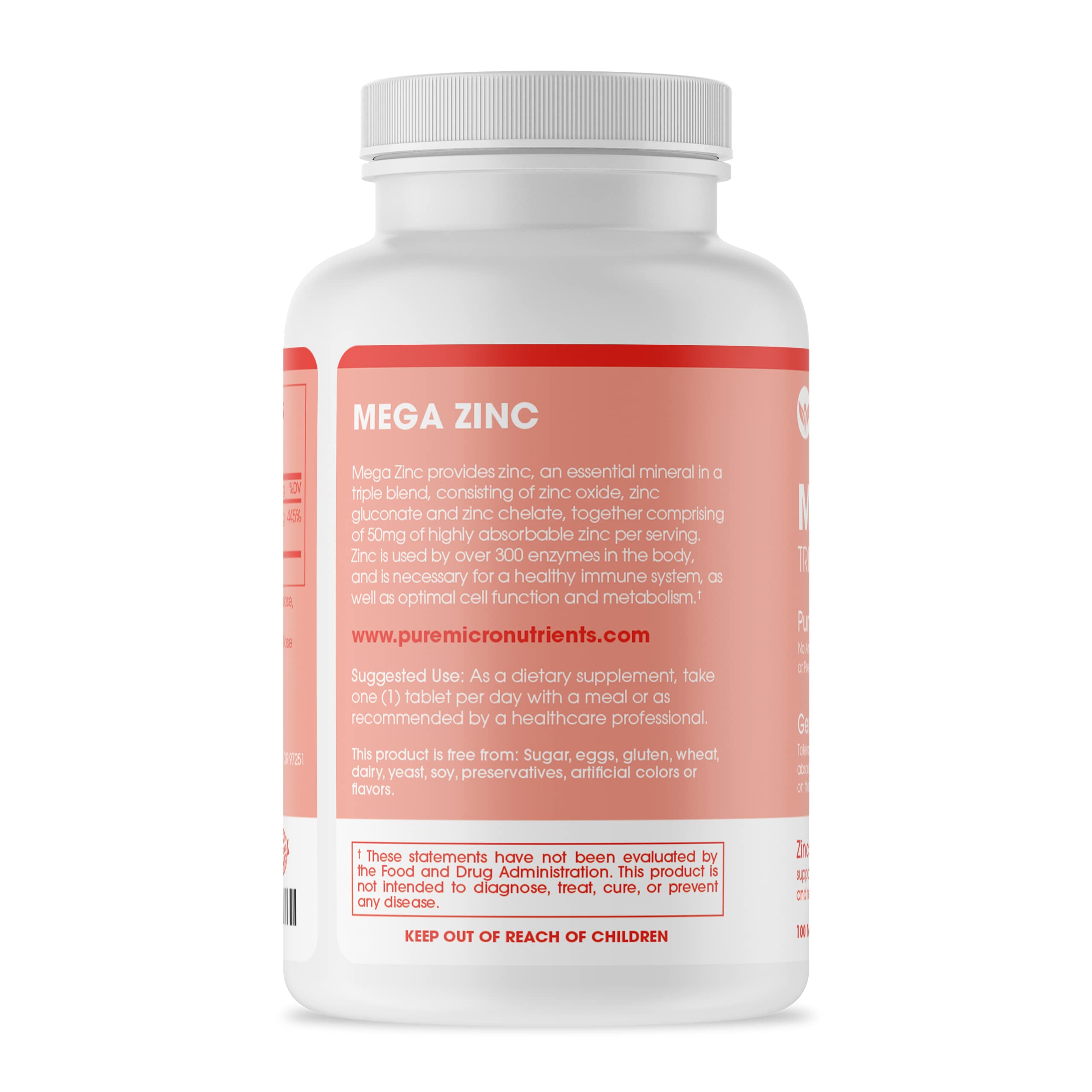 Mega Zinc Supplement, 50mg - 3-in-1 Zinc Complex - 100 Tablets - Pure Micronutrients