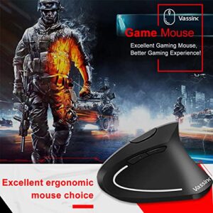 Vassink Ergonomic Mouse, Rechargeable Wireless Mouse, 2.4GHz Rechargeable Wireless Vertical Optical Mice with USB Receiver, 6 Buttons for Laptop, PC, Computer Black