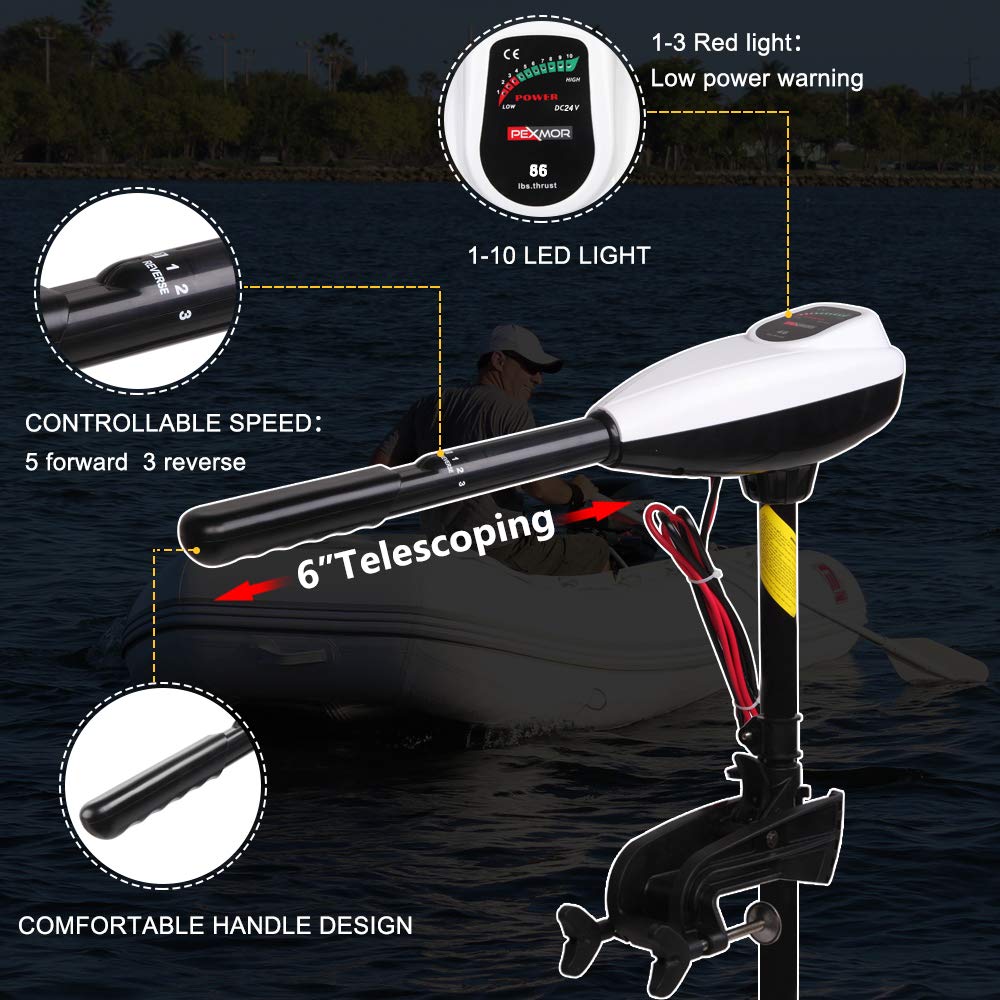 PEXMOR 86LBS Thrust Transom Mounted Saltwater Electric Trolling Motor 8 Speed w/LED Battery Indicator, Electric Outboard Boat Motor for Kayak,Inflatable Boat, Fishing Boat