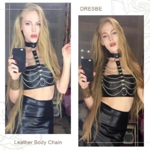 DRESBE Punk Layered Body Chains Black Leather Bra Chain Choker Bra Caged Harness Gothic Body Jewelry Accessories for Women