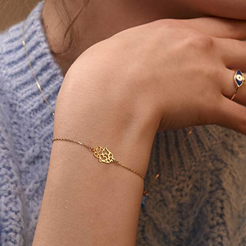 GELIN 14K Gold Hamsa Bracelet | 14k Yellow Gold Evil Eye Bracelets for Women, Adjustable 6-7"