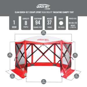 CLAM Quick-Set Escape Sport 11.5 x 11.5 Foot Portable Pop Up Outdoor Tailgating Screen Tent 6 Sided Canopy Shelter w/Stakes & Carry Bag, Red/White