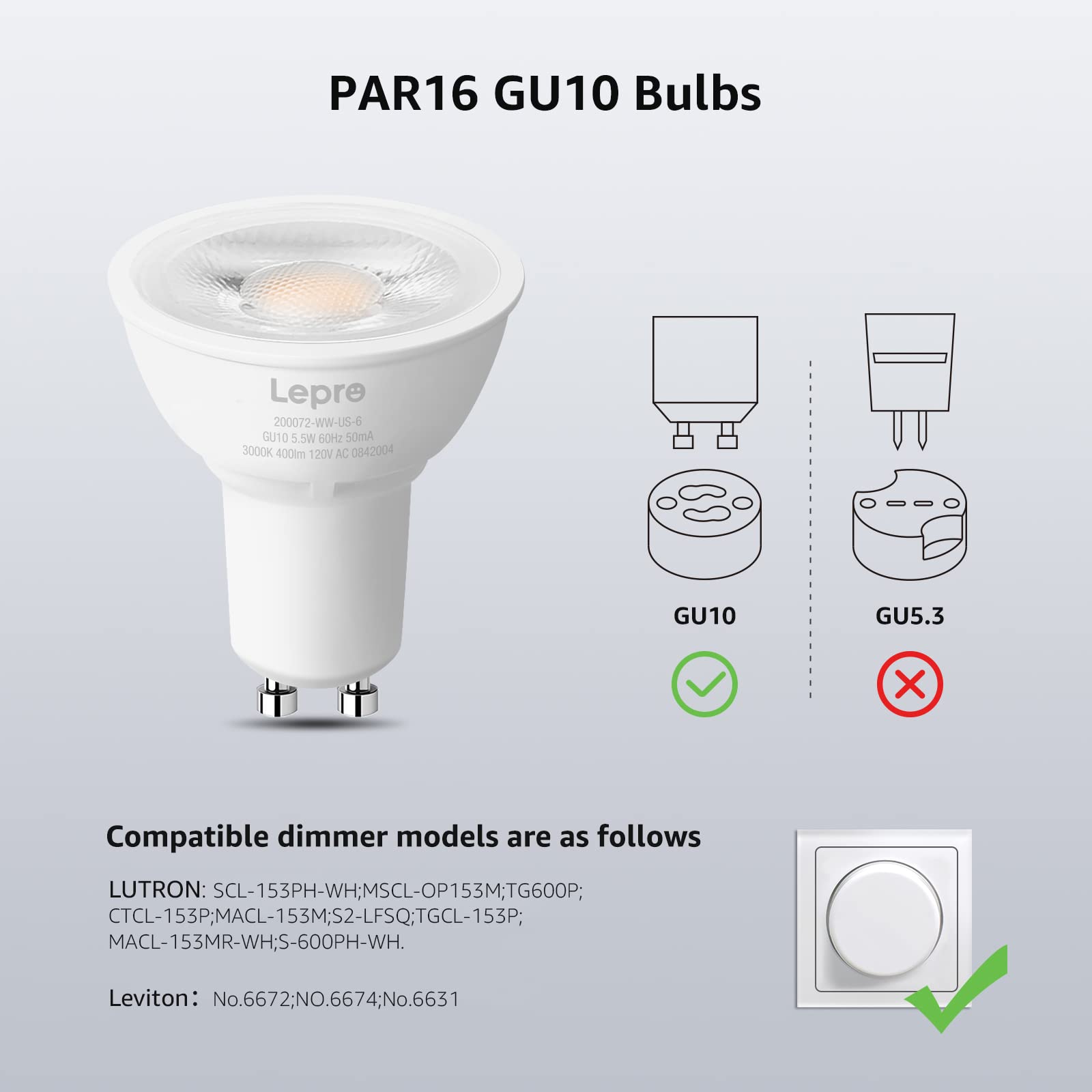 Lepro GU10 LED Bulb Dimmable, 50W Halogen Equivalent Light Bulbs, 5.5W 3000K Soft Warm Light Replacement for Recessed Track Lighting,40°Spotlight for Kitchen Range Hood Living Room & Bedroom, 6 Pack