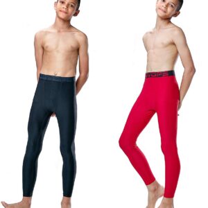 DEVOPS 2 Pack Youth & Boys Thermal Compression Baselayer Sport Tights Fleece Lined Pants (Small, (Non-Fly) Black/Red)