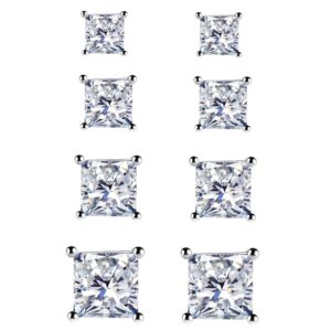 925 Sterling Silver Stud Earrings, 4 Pair Square Cubic Zirconia Stud Earring for Women Men 3 4 5 6mm