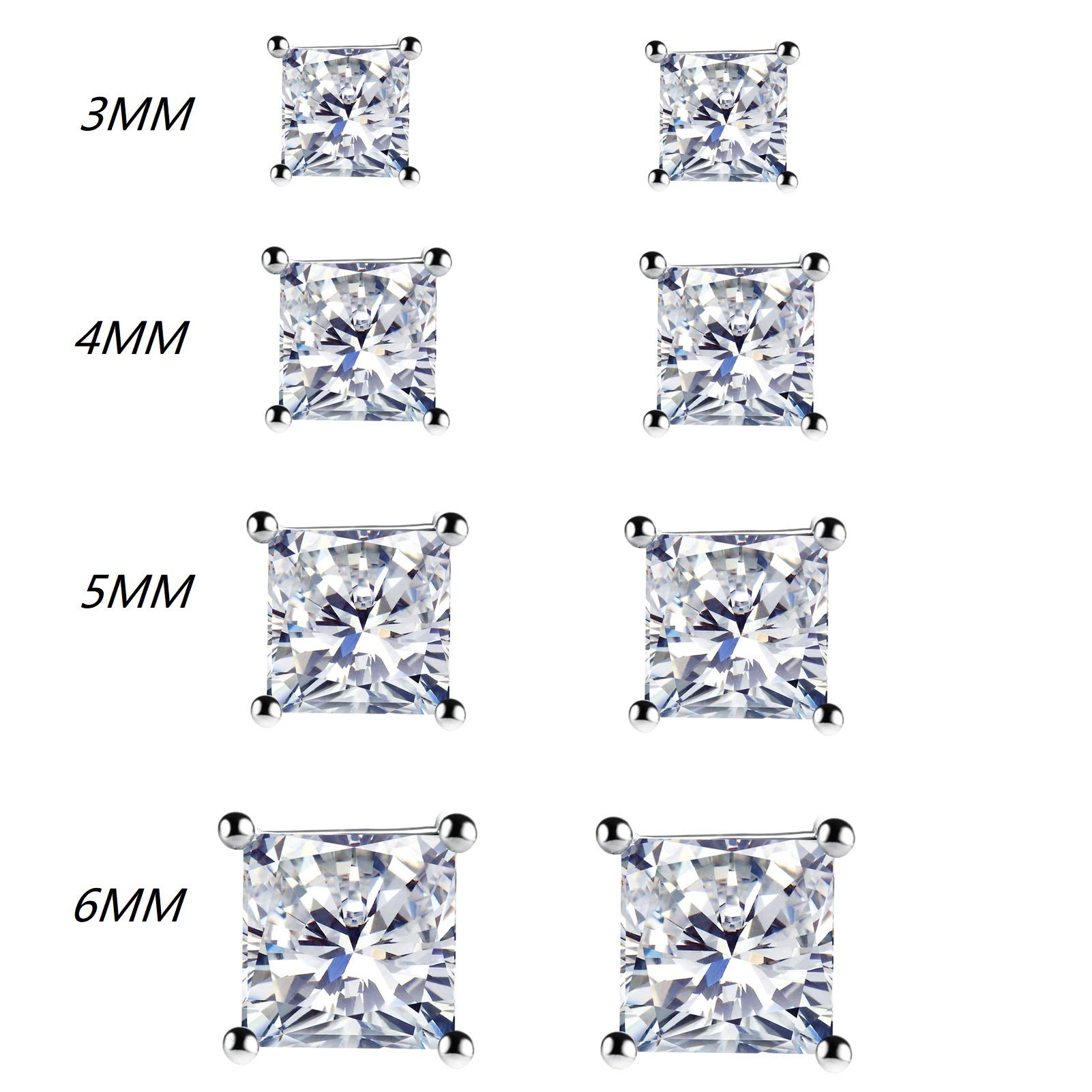 925 Sterling Silver Stud Earrings, 4 Pair Square Cubic Zirconia Stud Earring for Women Men 3 4 5 6mm