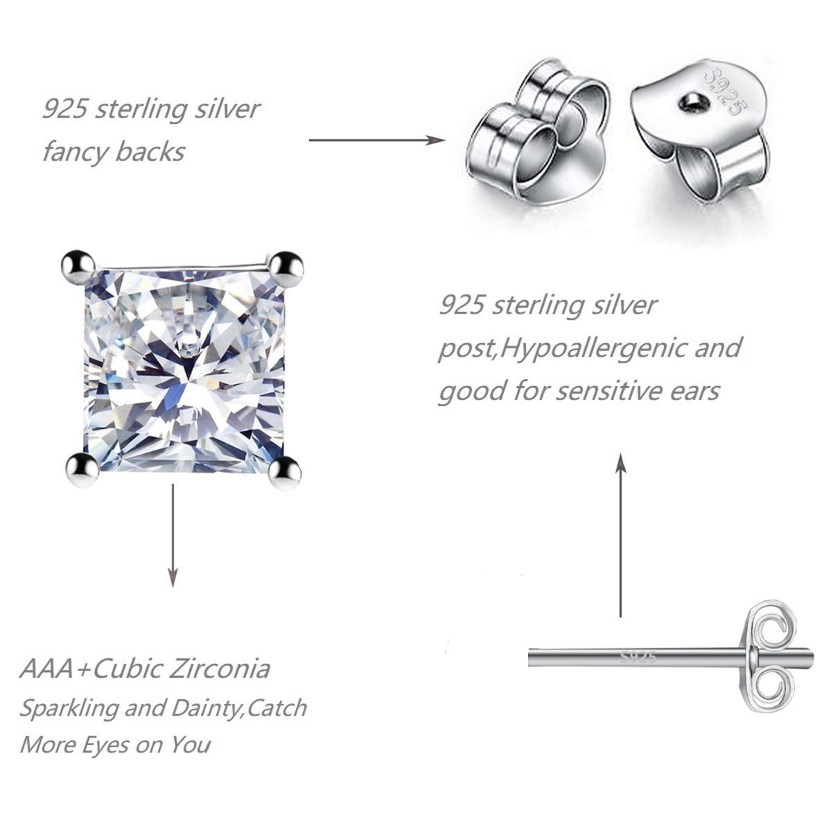 925 Sterling Silver Stud Earrings, 4 Pair Square Cubic Zirconia Stud Earring for Women Men 3 4 5 6mm