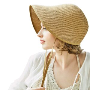 f fadves french straw bonnet cap for women victorian sun hat chin strap foldable light khaki