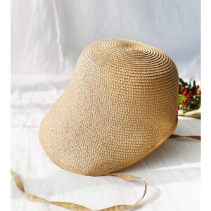 F FADVES French Straw Bonnet Cap for Women Victorian Sun Hat Chin Strap Foldable Light Khaki