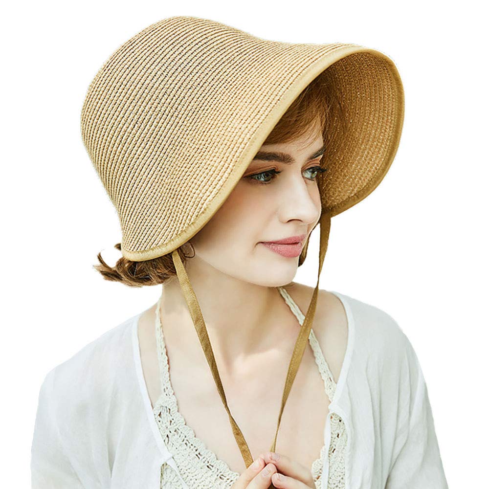 F FADVES French Straw Bonnet Cap for Women Victorian Sun Hat Chin Strap Foldable Light Khaki