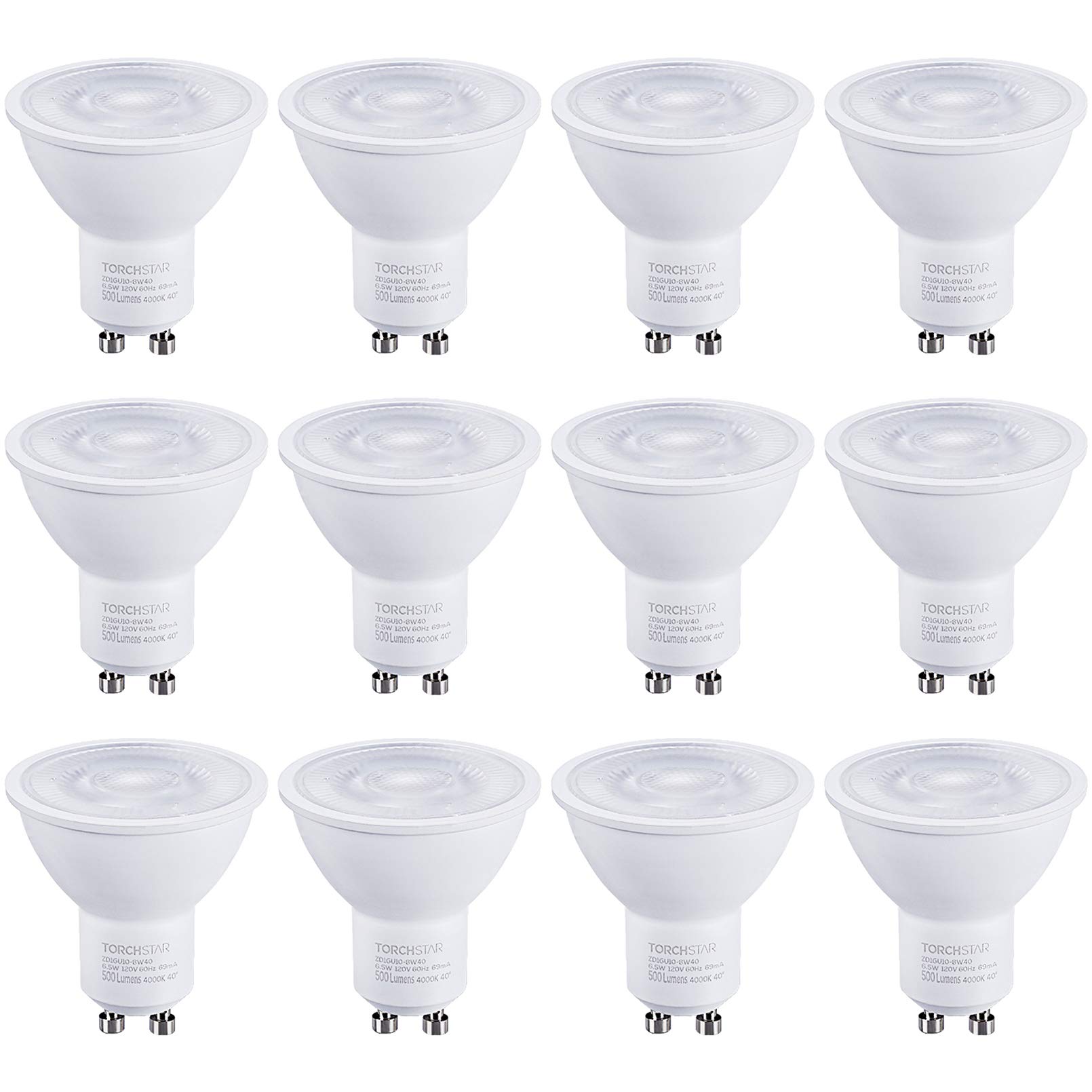 TORCHSTAR 12-Pack GU10 LED Bulbs Dimmable, 500LM 50W Halogen Equivalent, 4000K Cool White, 40° Beam Angle MR16 Spot Light Bulb for Recessed Lighting Track Lighting, UL & Energy Star Listed