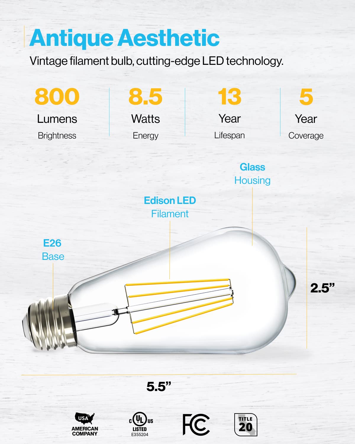 Sunco 4 Pack 60W Vintage LED Edison Bulbs Equivalent 8.5W CRI92 800 Lumens, Dimmable ST64 Filament 3000K Warm White E26 Medium Base Light Bulbs High Brightness Clear Glass Waterproof - UL