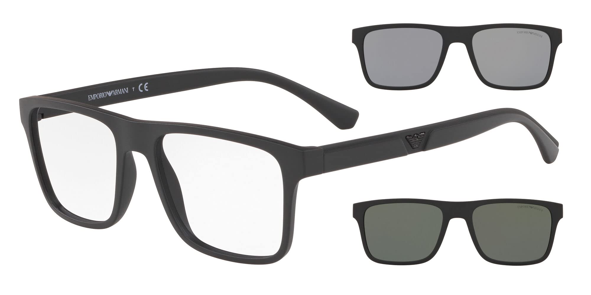 Emporio Armani Men's EA4115F Low Bridge Fit Prescription Eyewear Frames with Two Interchangeable Sun Clip-Ons Rectangular, Matte Black/Clear/Light Grey/Dark Grey, 54 mm