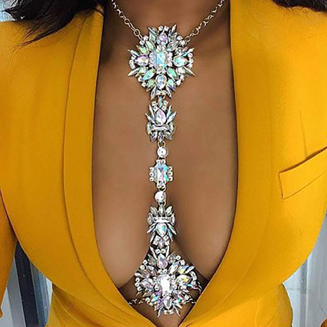 ELABEST Boho Rhinestone Statement Chest Chain Crystal Necklace Body Chain Summer Beach Body Jewelry Accessories for Women (AB Colorful)