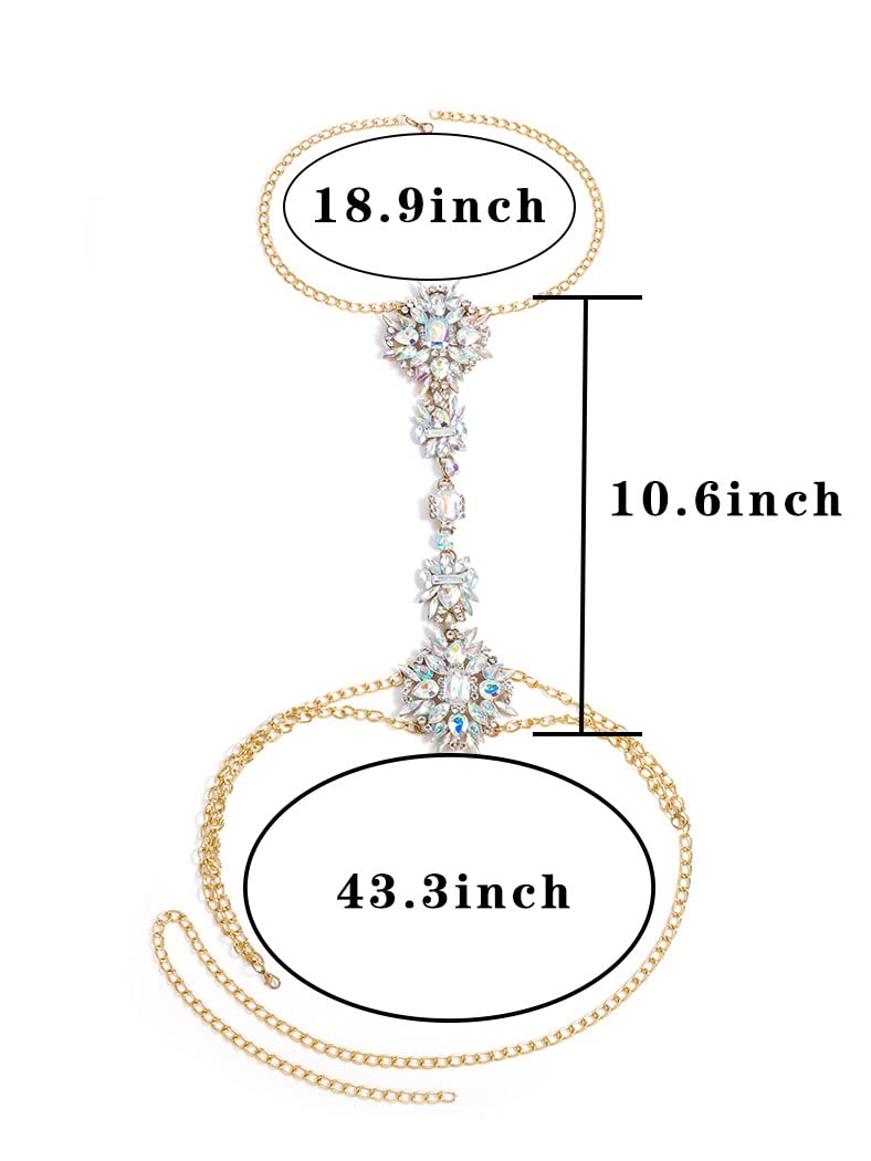 ELABEST Boho Rhinestone Statement Chest Chain Crystal Necklace Body Chain Summer Beach Body Jewelry Accessories for Women (AB Colorful)