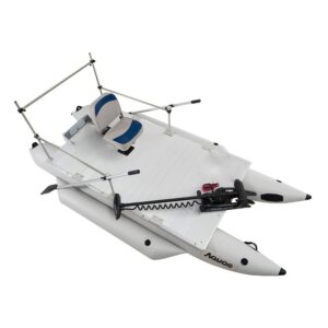 aquos heavy-duty military marine grade pvc 12.5 ft grey inflatable pontoon boat with guard bar and folding seat & haswing 12v 55lbs 48 inch bow mount trolling motor and quick release for bass fishing