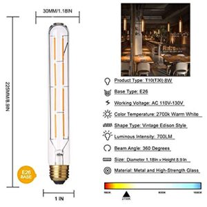 YFXRLIGHT Dimmable T10 Edison Led Long Tubular Bulb 4000k Daylight White,8W Vintage Filament Bulb 80W Equivalent, E26 Base Led Bulb, 8.9inch, Pack of 4