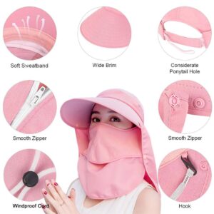 Sun Hats for Women Wide Brim UV Protection Visor UPF 50+ Fishing Hats Foldable Ponytail Summer Hat with Detachable Flap Beige