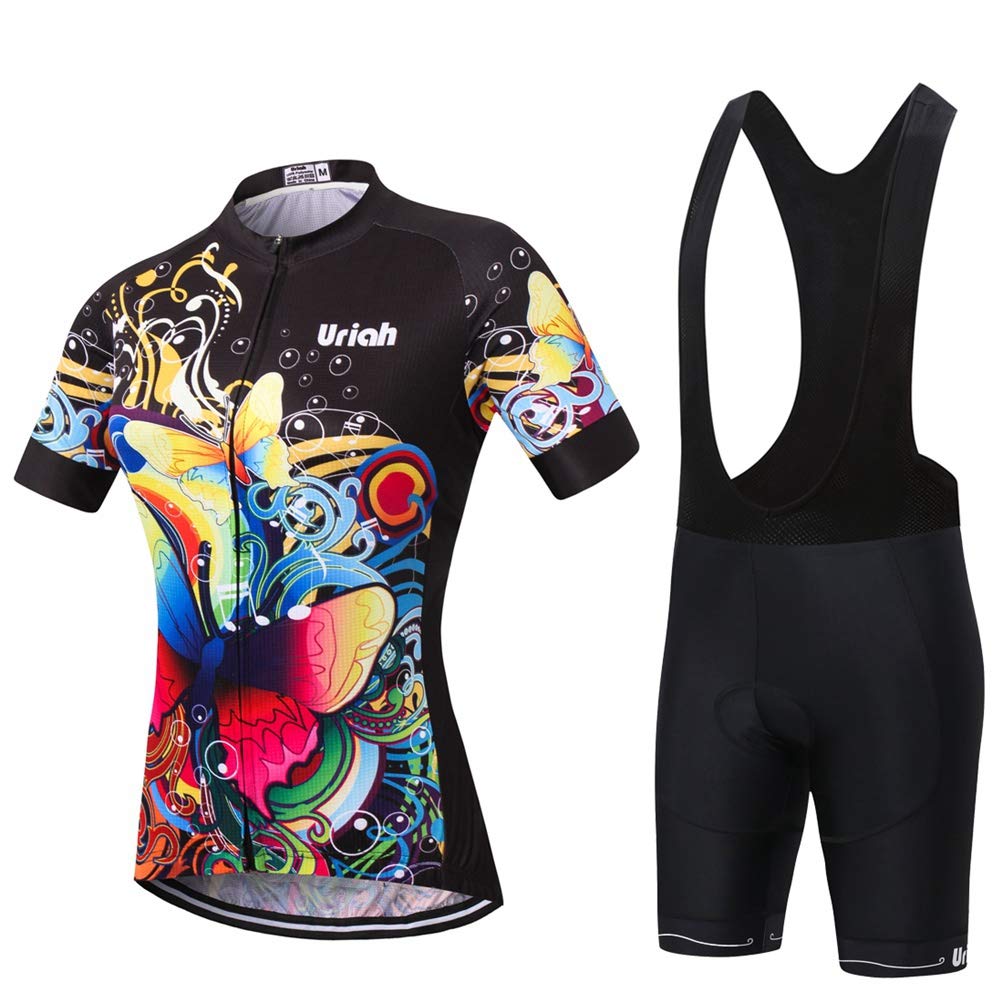 Uriah Women's Bicycle Jersey Bib Shorts Black Set Short Sleeve Reflective with Rear Zippered Bag Butterfly Flower Size M