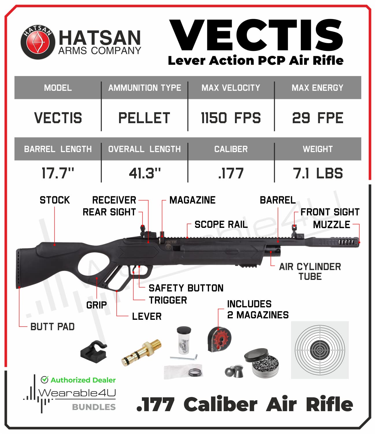 Hatsan Vectis Air Rifle with Pack of Pellets and 100x Paper Targets Bundle (Black Syn Stock) (.177 Cal + Ammo)Q