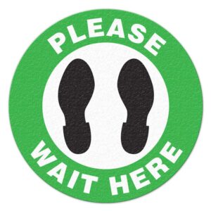 incom manufacturing: indoor vinyl workplace social distancing anti-slip floor marking sign, 17 inch dia, green/white/black, please wait here