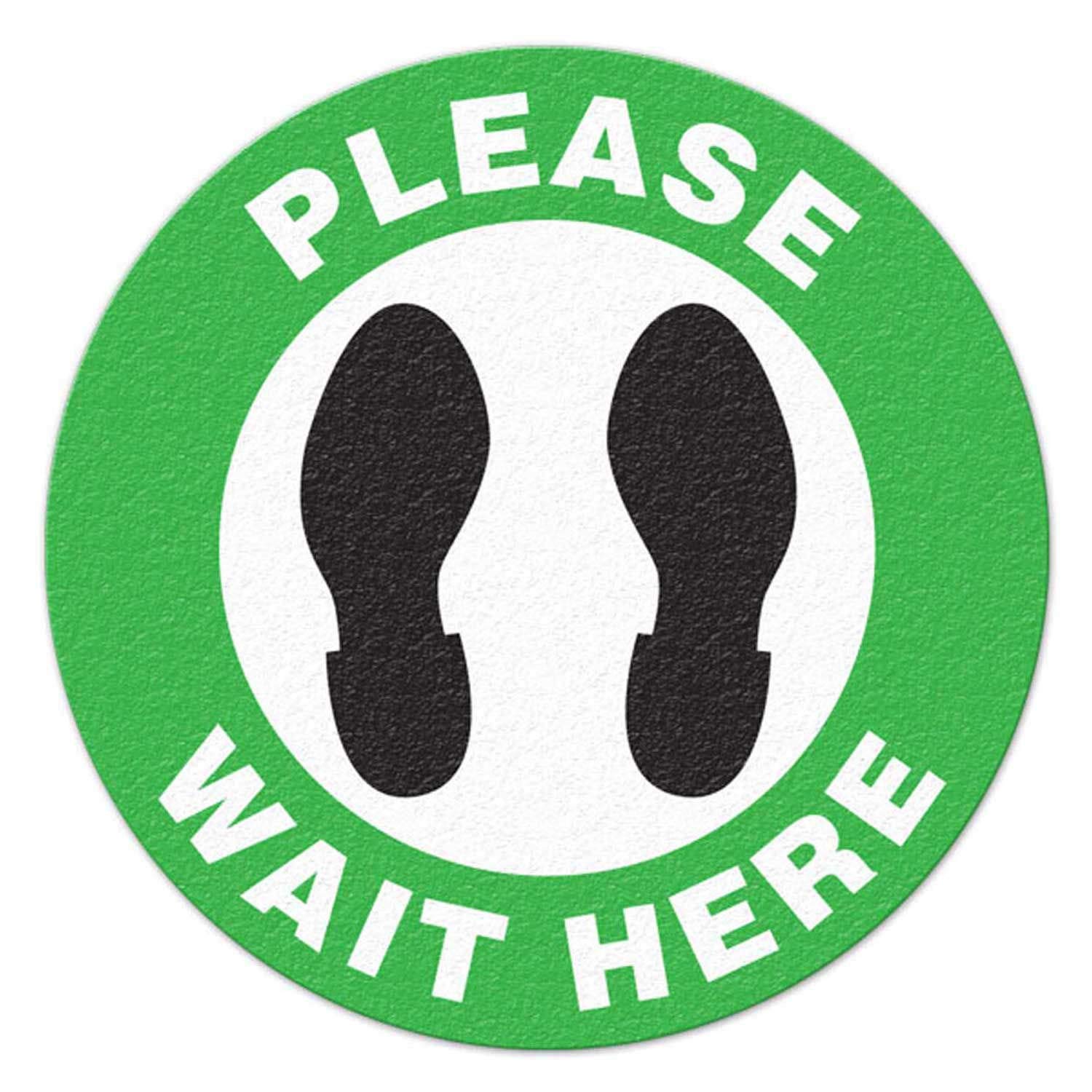 INCOM Manufacturing: Indoor Vinyl Workplace Social Distancing Anti-Slip Floor Marking Sign, 17 inch Dia, Green/White/Black, Please Wait HERE