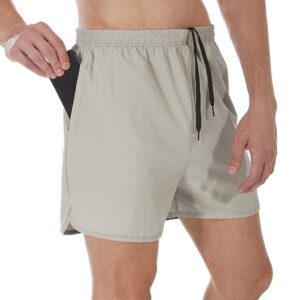 SILKWORLD Men's Running Stretch Quick Dry Shorts with Zipper Pockets(Pack of 3), Black, Army Green, Light Grey, Large