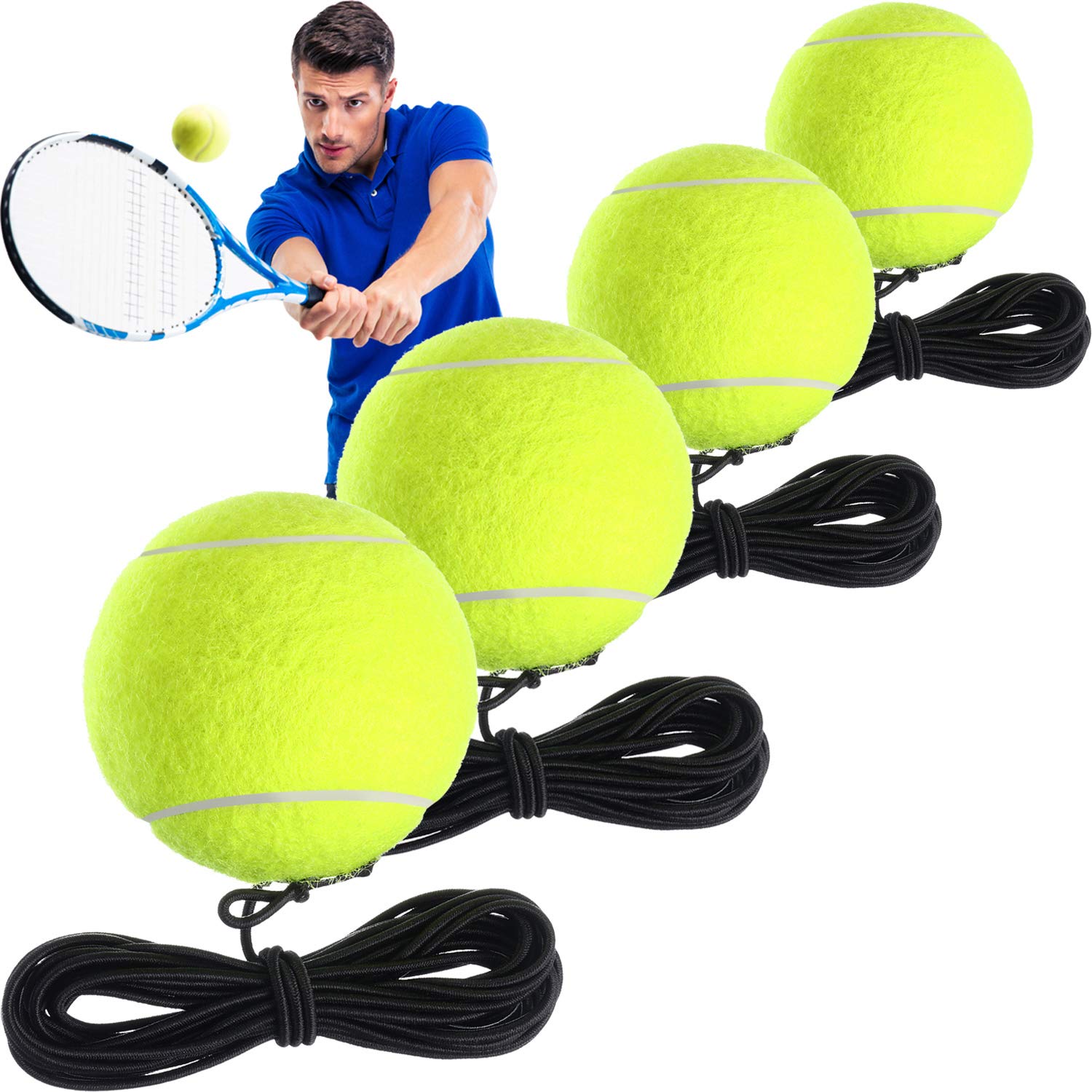 Gejoy 4 Packs Tennis Training Ball with String Tennis Trainer Balls Self Practice Trainer Tool Tennis Ball Training Equipment for Tennis Trainer Practice Exercise