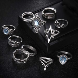 Aimimier 11 Pcs Bohemian Stackable Joint Knuckle Ring Set Carved Flower Star Leaf Gemstone Midi Ring Vintage Finger Rings for Women