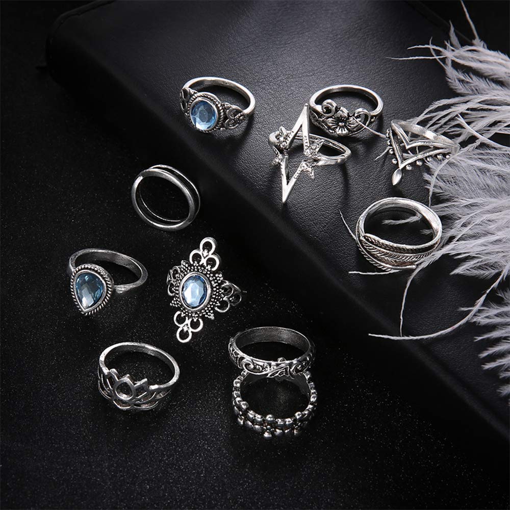 Aimimier 11 Pcs Bohemian Stackable Joint Knuckle Ring Set Carved Flower Star Leaf Gemstone Midi Ring Vintage Finger Rings for Women